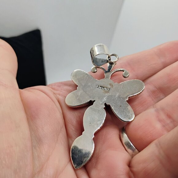 Southwest Dragonfly Pendant Sterling Silver Spiny Oyster Shell Turquoise 3" Long - Picture 5 of 8